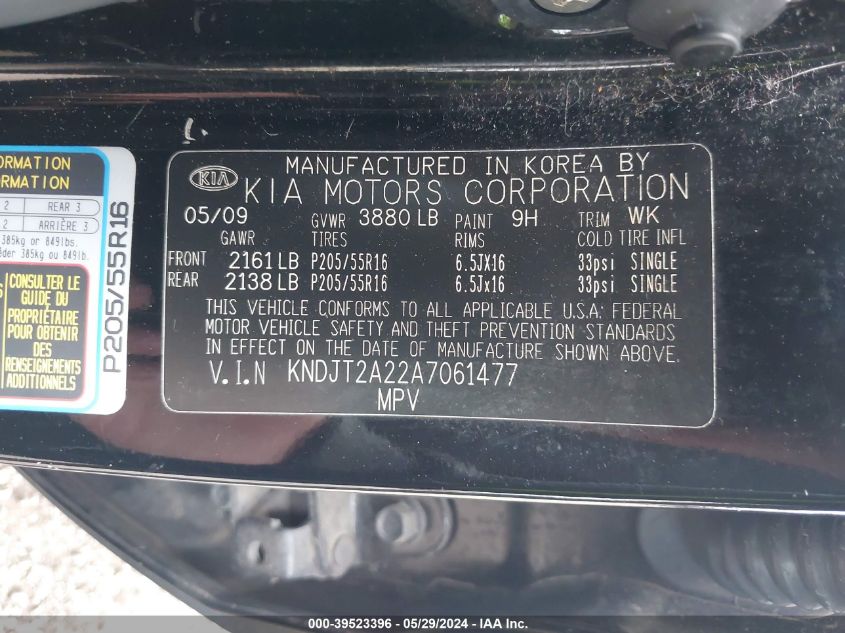 2010 Kia Soul + VIN: KNDJT2A22A7061477 Lot: 39523396