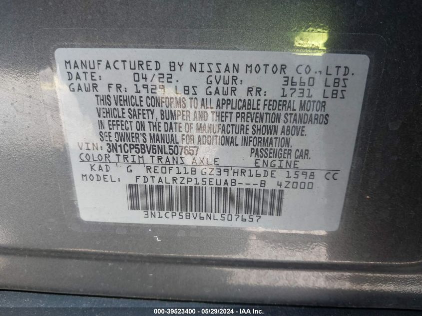 2022 NISSAN KICKS S XTRONIC CVT - 3N1CP5BV6NL507657