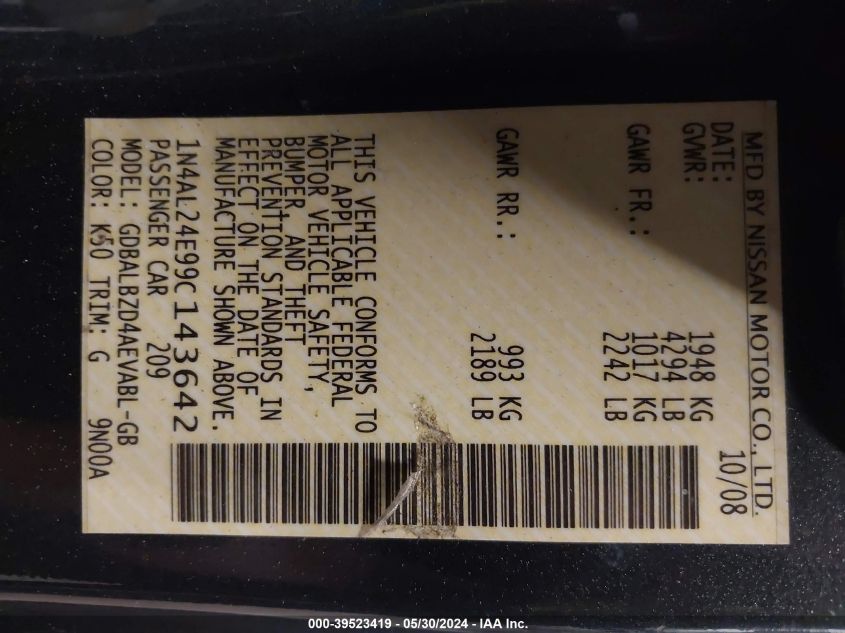 2009 Nissan Altima 2.5 S VIN: 1N4AL24E99C143642 Lot: 39523419