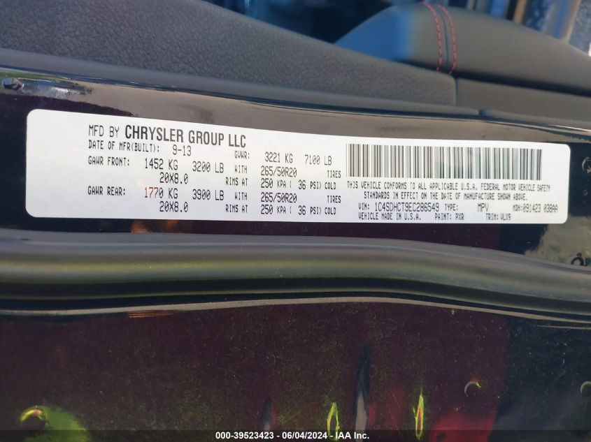 2014 Dodge Durango R/T VIN: 1C4SDHCT9EC286549 Lot: 39523423