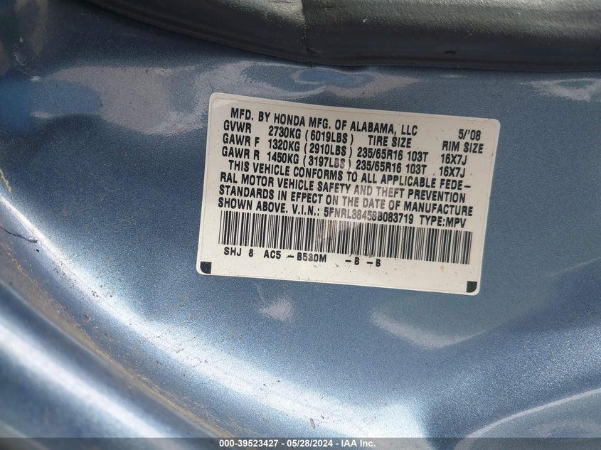 2008 Honda Odyssey Ex VIN: 5FNRL38458B083719 Lot: 39523427