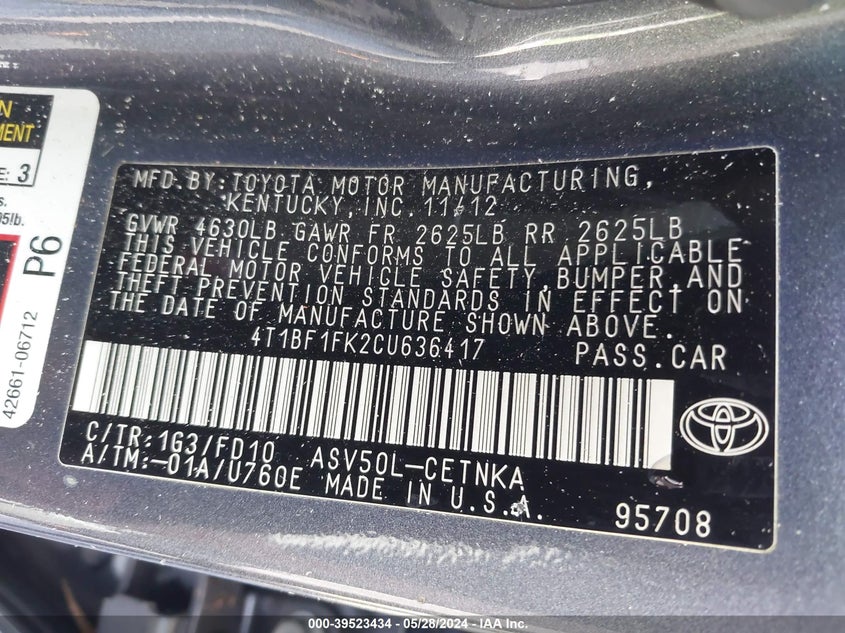 2012 Toyota Camry Le VIN: 4T1BF1FK2CU636417 Lot: 39523434