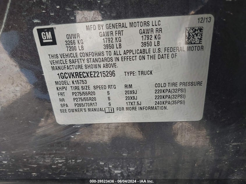 2014 Chevrolet Silverado 1500 2Lt VIN: 1GCVKRECXEZ215296 Lot: 39523436