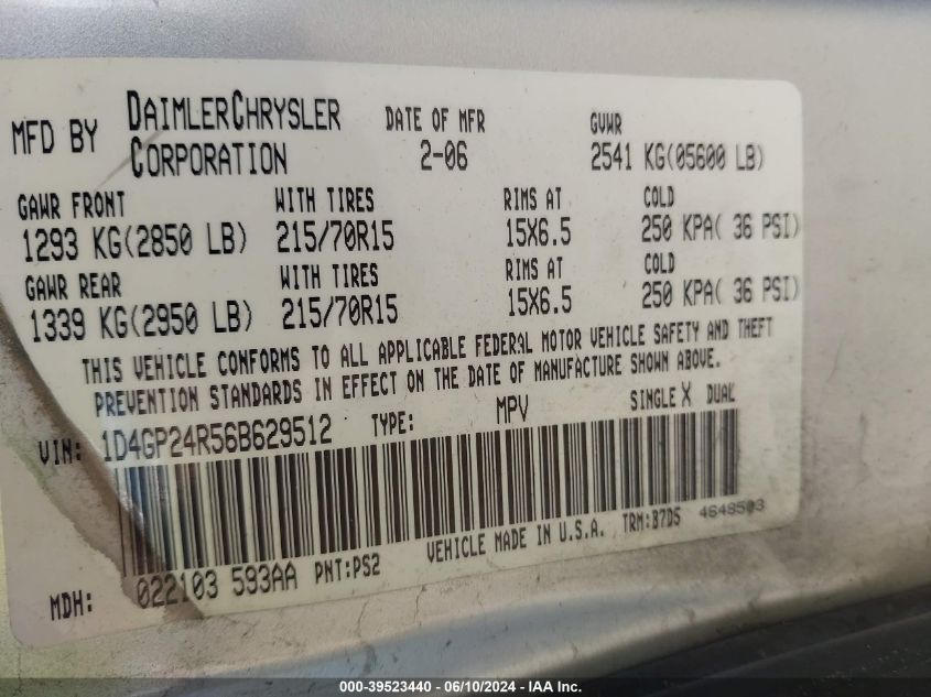 2006 Dodge Grand Caravan Se VIN: 1D4GP24R56B629512 Lot: 39523440