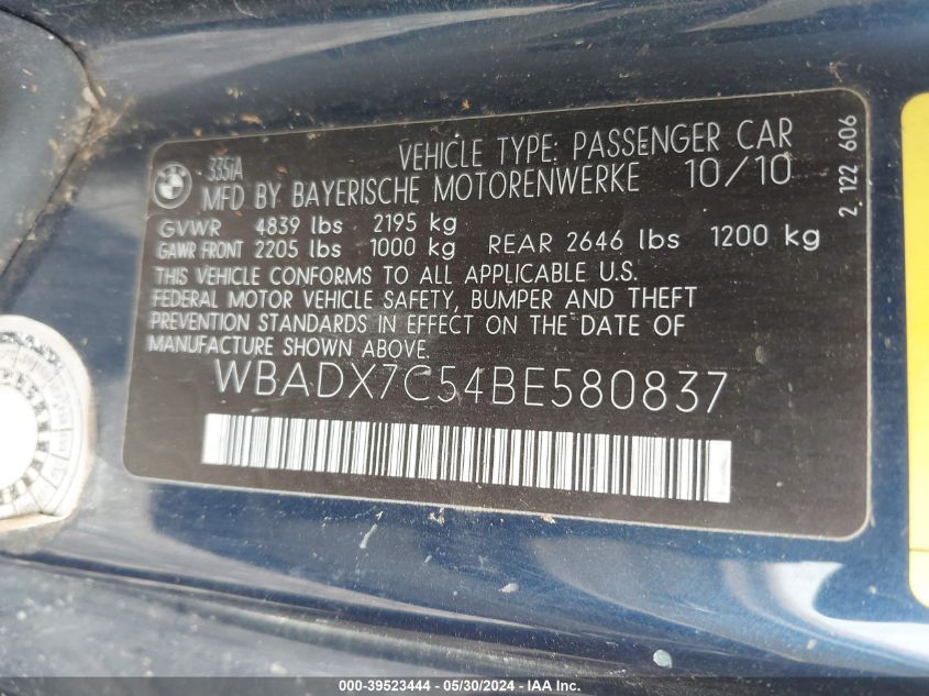 2011 BMW 335I VIN: WBADX7C54BE580837 Lot: 39523444