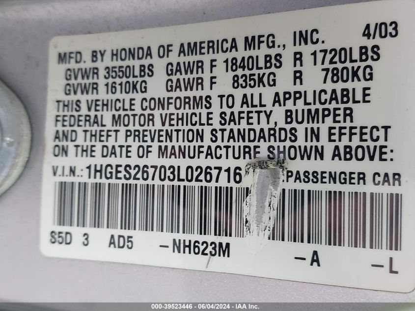 2003 Honda Civic Ex VIN: 1HGES26703L026716 Lot: 39523446