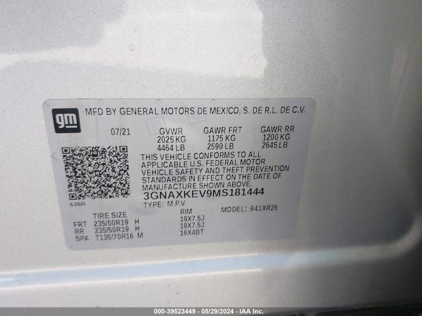 2021 Chevrolet Equinox Fwd Lt VIN: 3GNAXKEV9MS181444 Lot: 39523449