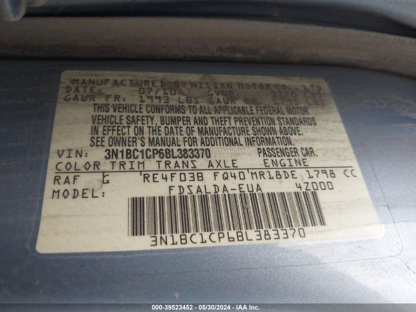 2011 Nissan Versa 1.8S VIN: 3N1BC1CP6BL383370 Lot: 39523452