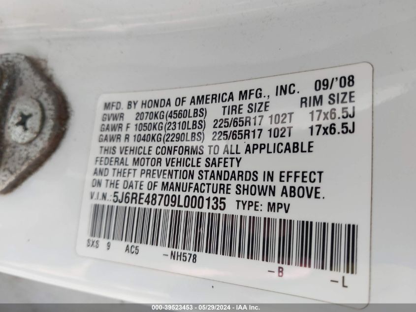 2009 Honda Cr-V Ex-L VIN: 5J6RE48709L000135 Lot: 39523453
