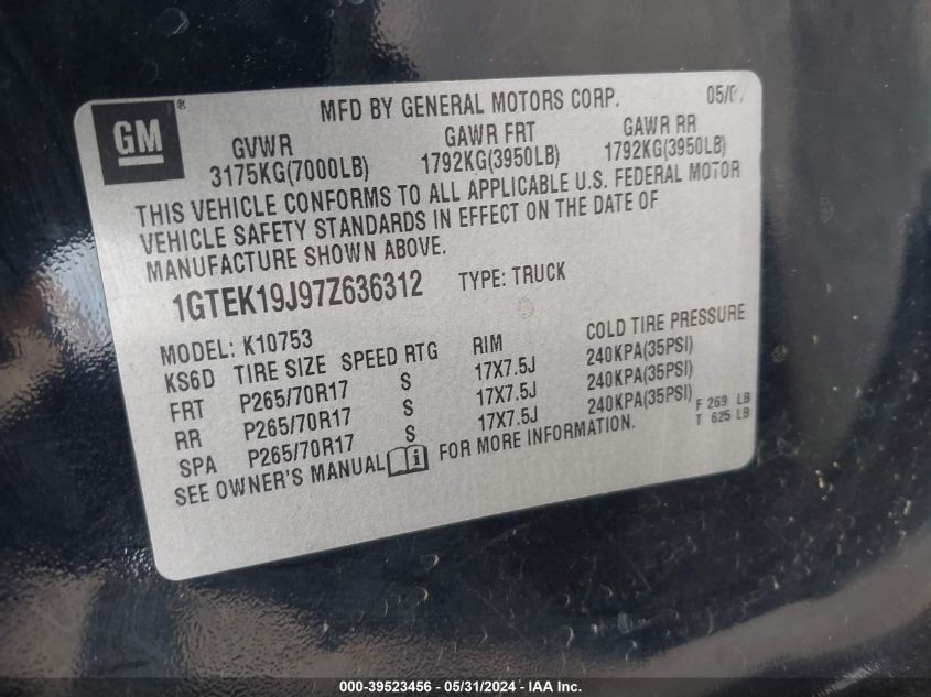 2007 GMC Sierra 1500 Sle1 VIN: 1GTEK19J97Z636312 Lot: 39523456