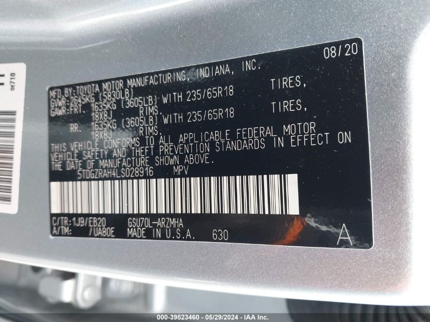 2020 Toyota Highlander Xle VIN: 5TDGZRAH4LS028916 Lot: 39523460