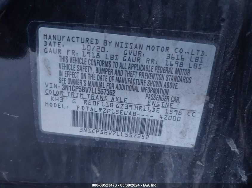 2020 Nissan Kicks S Xtronic Cvt VIN: 3N1CP5BV7LL557352 Lot: 39523473