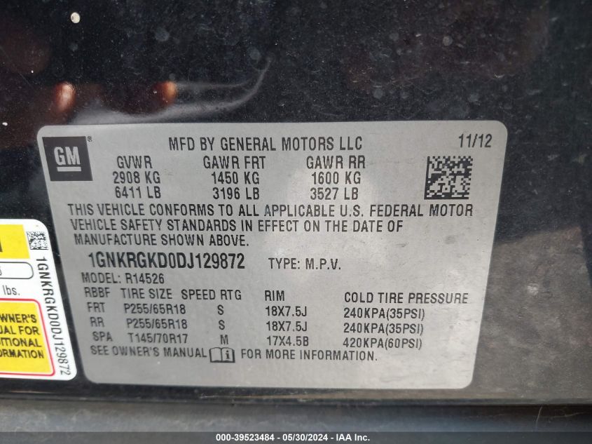 2013 Chevrolet Traverse 1Lt VIN: 1GNKRGKD0DJ129872 Lot: 39523484