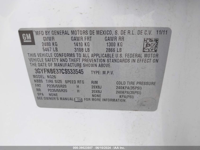 2012 Cadillac Srx Performance Collection VIN: 3GYFNBE37CS533545 Lot: 39523507