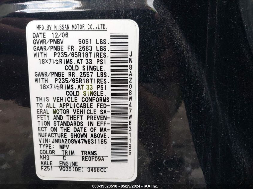 2007 Nissan Murano S VIN: JN8AZ08W47W631185 Lot: 39523510