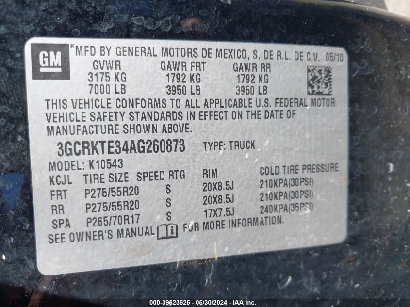 2010 Chevrolet Silverado 1500 Ltz VIN: 3GCRKTE34AG260873 Lot: 39523525