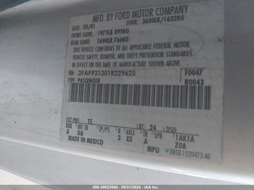 2001 Ford Focus Zx3 VIN: 3FAFP31301R229625 Lot: 39523540