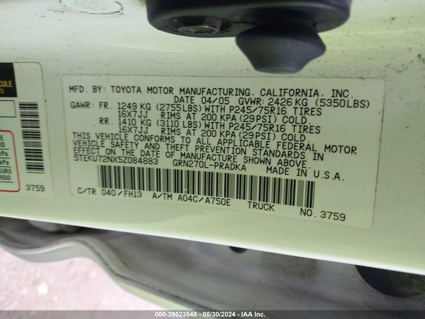2005 Toyota Tacoma Prerunner V6 VIN: 5TEKU72NX5Z084883 Lot: 39523548