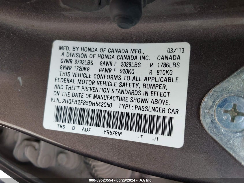 2013 Honda Civic Ex VIN: 2HGFB2F85DH542050 Lot: 39523554