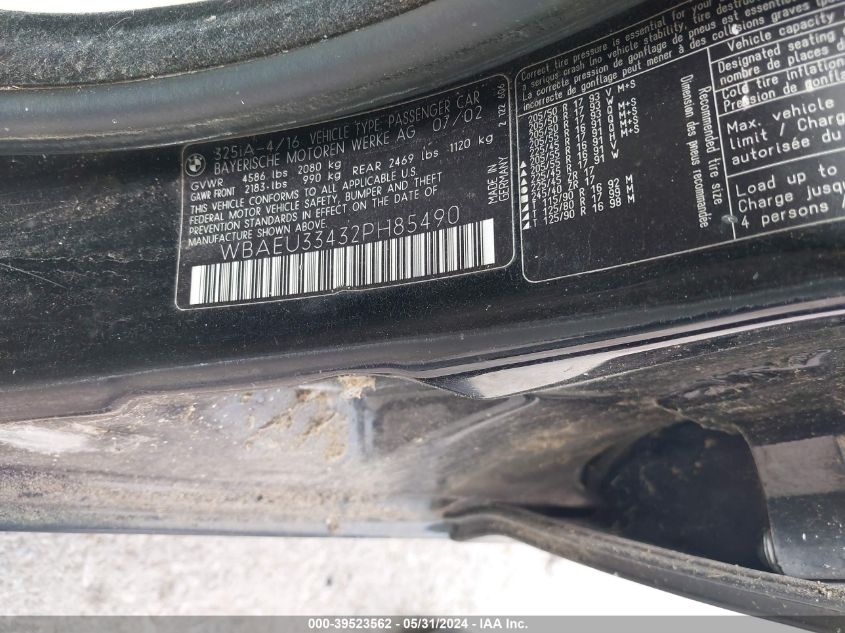 2002 BMW 325Xi VIN: WBAEU33432PH85490 Lot: 39523562