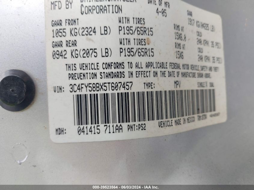 2005 Chrysler Pt Cruiser Touring VIN: 3C4FY58BX5T607457 Lot: 39523564