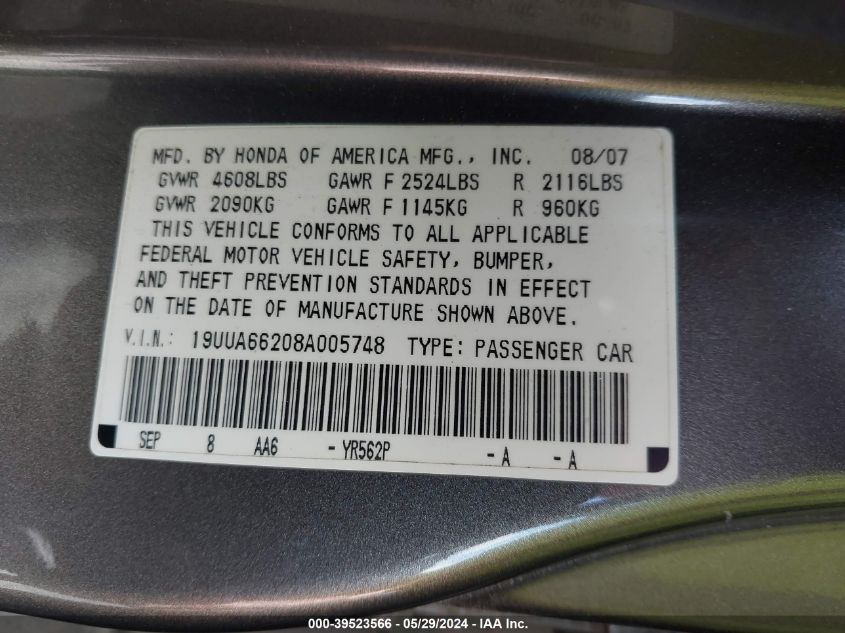 2008 Acura Tl 3.2 VIN: 19UUA66208A005748 Lot: 39523566