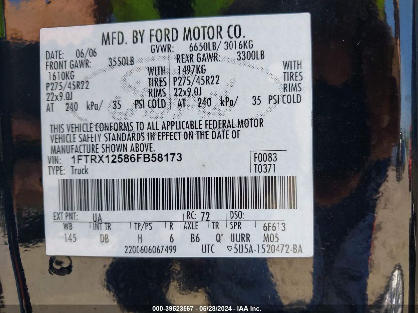 2006 Ford F-150 Lariat/Xl/Xlt VIN: 1FTRX12586FB58173 Lot: 39523567