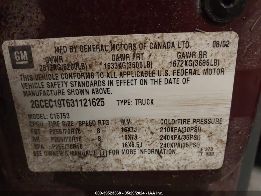 2003 Chevrolet Silverado 1500 Ls VIN: 2GCEC19T631121625 Lot: 39523568