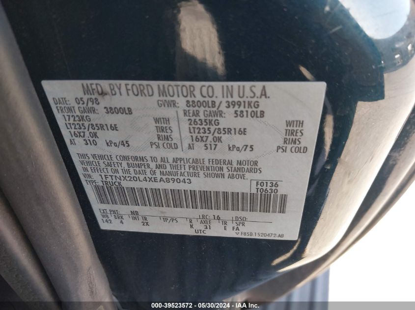 1999 Ford F-250 Lariat/Xl/Xlt VIN: 1FTNX20L4XEA89043 Lot: 39523572