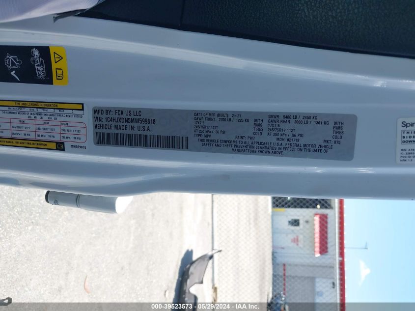 2021 Jeep Wrangler Unlimited Sport S 4X4 VIN: 1C4HJXDN5MW599818 Lot: 39523573