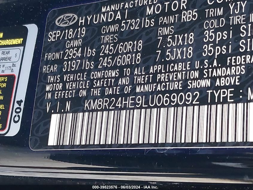 2020 Hyundai Palisade Sel VIN: KM8R24HE9LU069092 Lot: 39523576