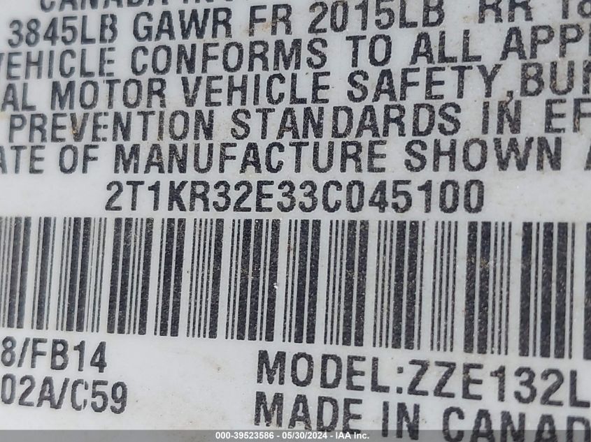 2003 Toyota Matrix Xr VIN: 2T1KR32E33C045100 Lot: 39523586