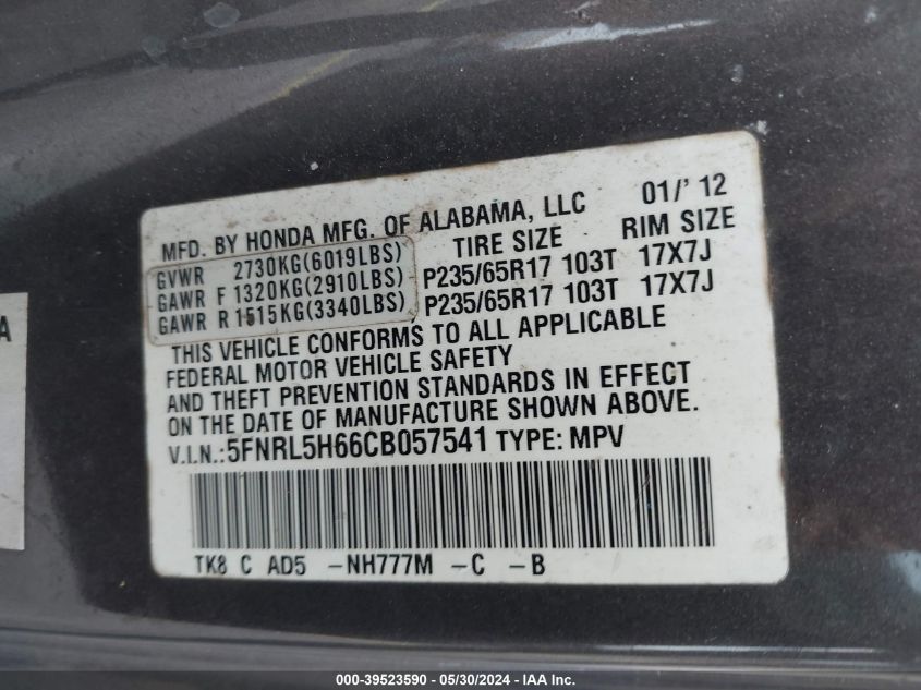 2012 Honda Odyssey Ex-L VIN: 5FNRL5H66CB057541 Lot: 39523590