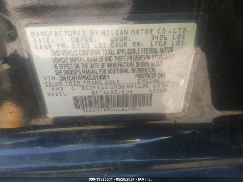 2016 Nissan Versa 1.6 S/1.6 S+/1.6 Sl/1.6 Sv VIN: 3N1CN7AP6GL814561 Lot: 39523601