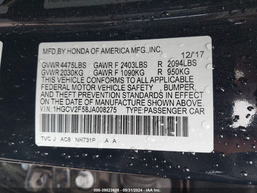 1HGCV2F58JA008275 2018 Honda Accord Ex-L 2.0T