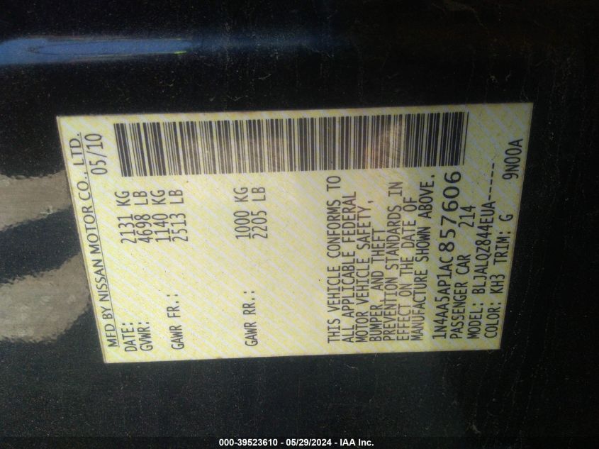 2010 Nissan Maxima 3.5 S VIN: 1N4AA5AP1AC857606 Lot: 39523610