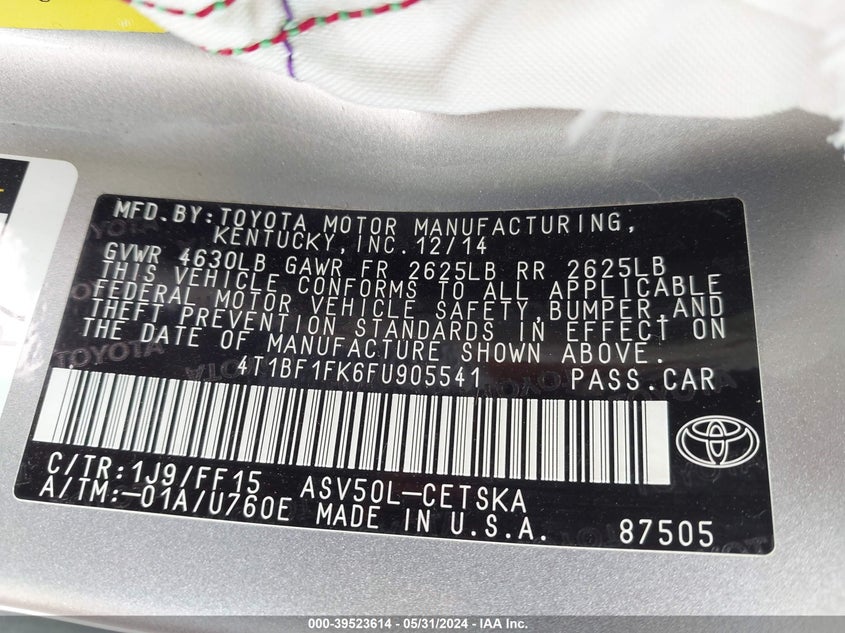 2015 Toyota Camry Se VIN: 4T1BF1FK6FU905541 Lot: 39523614