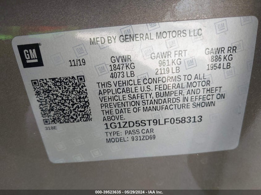 2020 Chevrolet Malibu Fwd Lt VIN: 1G1ZD5ST9LF058313 Lot: 39523635