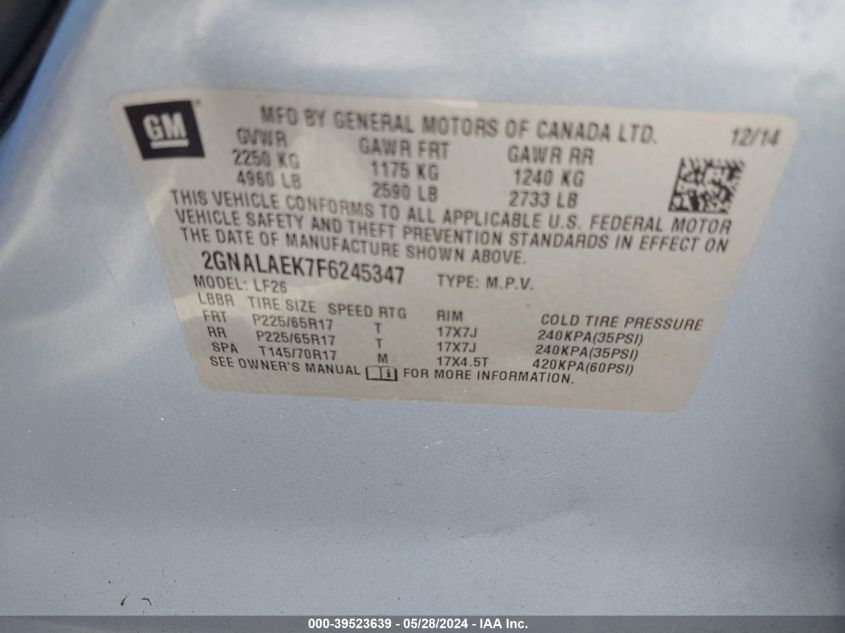 2015 Chevrolet Equinox Ls VIN: 2GNALAEK7F6245347 Lot: 39523639