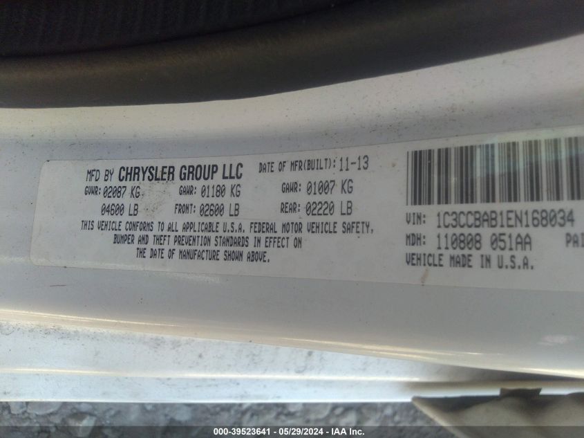 2014 Chrysler 200 Lx VIN: 1C3CCBAB1EN168034 Lot: 39523641