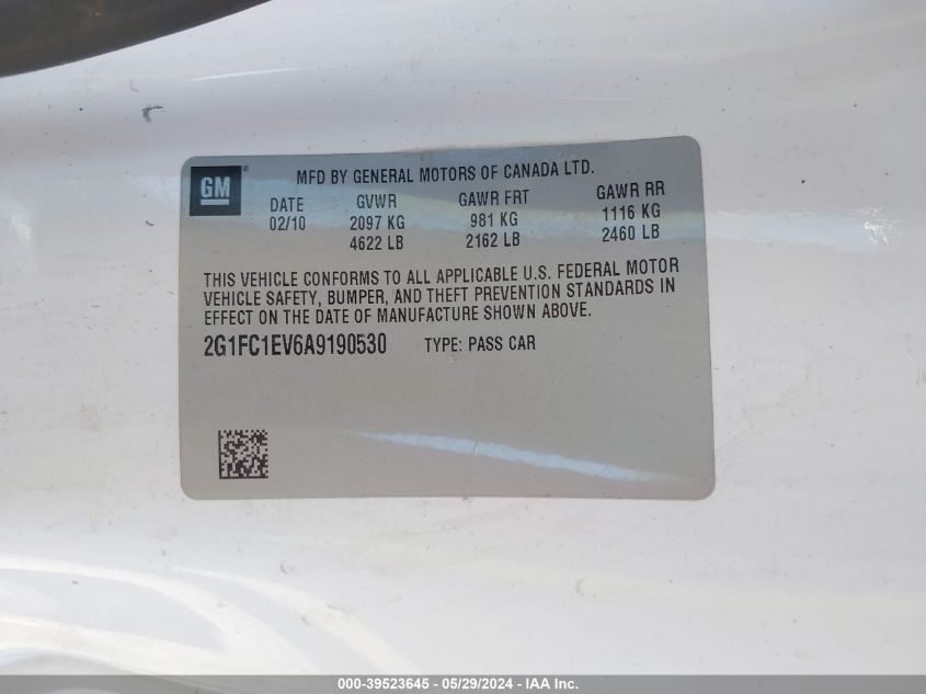 2010 Chevrolet Camaro 2Lt VIN: 2G1FC1EV6A9190530 Lot: 39523645