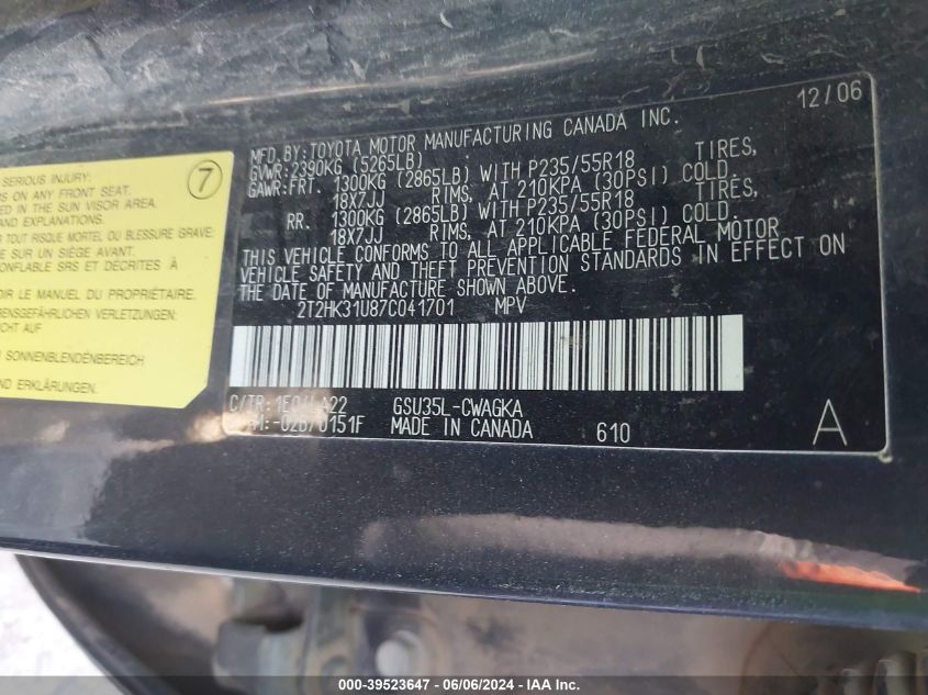 2007 Lexus Rx 350 VIN: 2T2HK31U87C041701 Lot: 39523647