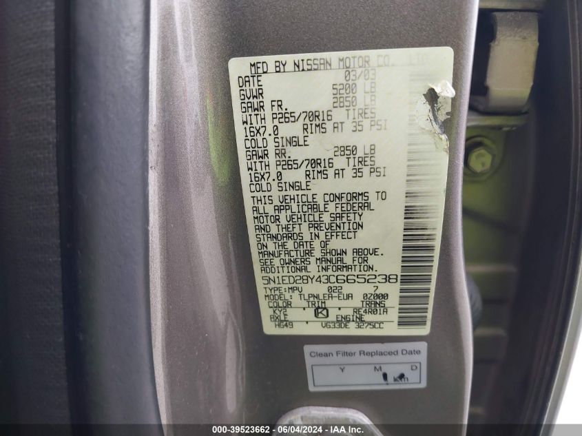 2003 Nissan Xterra Xe VIN: 5N1ED28Y43C665238 Lot: 39523662