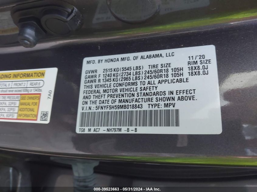 2021 Honda Pilot 2Wd Ex-L VIN: 5FNYF5H59MB018843 Lot: 39523663