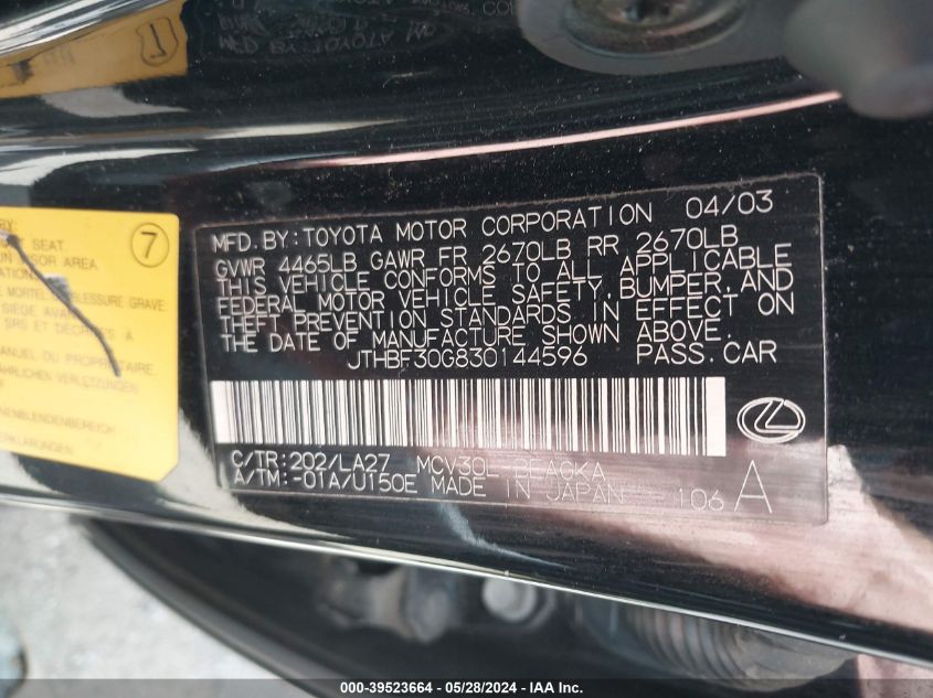 2003 Lexus Es 300 VIN: JTHBF30G830144596 Lot: 39523664