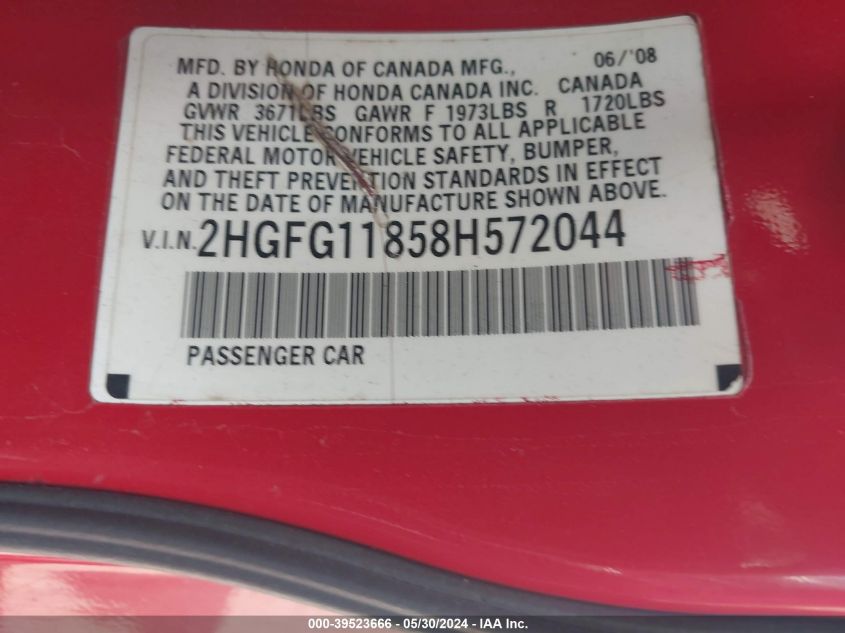 2008 Honda Civic Ex VIN: 2HGFG11858H572044 Lot: 39523666