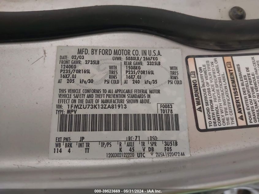 2003 Ford Explorer Xlt/Xlt Sport/Nbx VIN: 1FMZU73K13ZA81913 Lot: 39523669