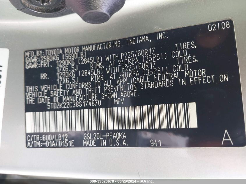 2008 Toyota Sienna Limited VIN: 5TDZK22C38S174870 Lot: 39523678