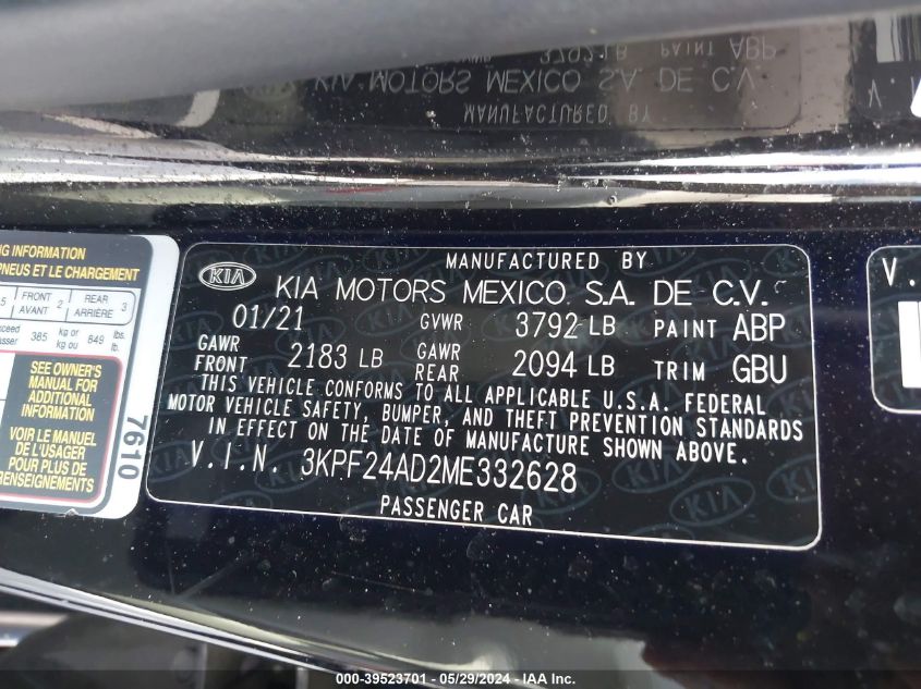 2021 Kia Forte Lxs VIN: 3KPF24AD2ME332628 Lot: 39523701