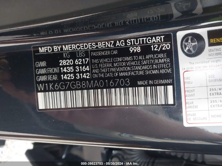 2021 Mercedes-Benz S 580 4Matic VIN: W1K6G7GB8MA016703 Lot: 39523703